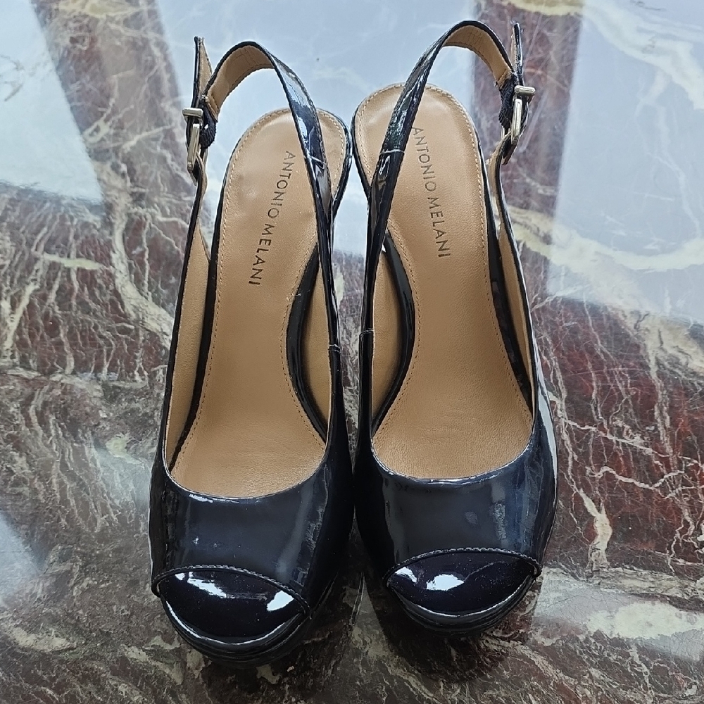 ANTONIO MELANI Heleen Patent Leather Platform Glossy Black Slingback Heels